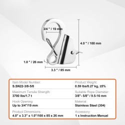 Ankkurikoukku ruostumatonta terästä 1,7 tonnin vetolujuus solmuton lukitus 9,5–16 mm köydelle