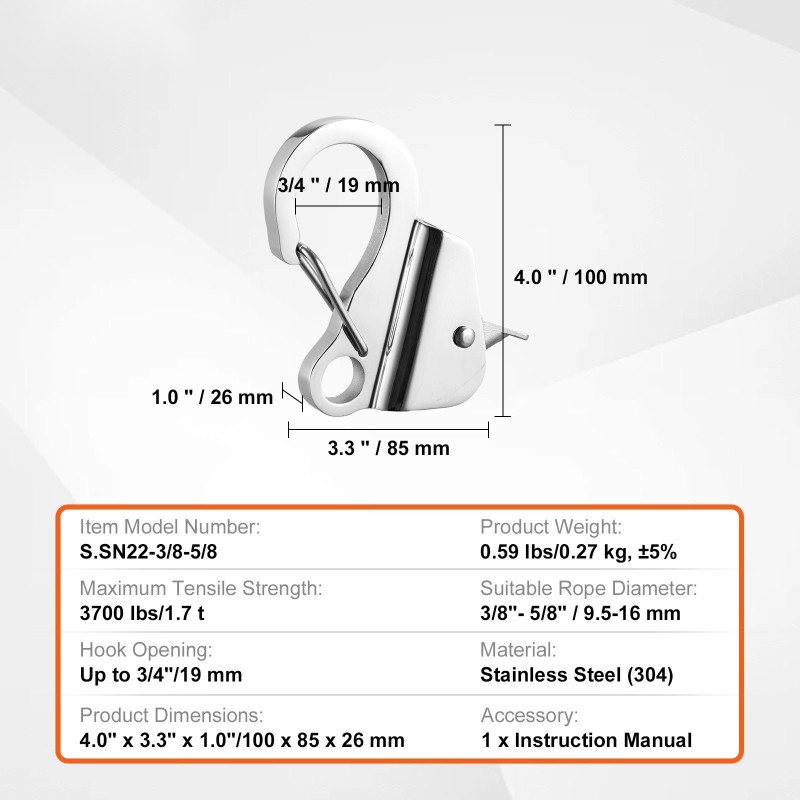 Ankkurikoukku ruostumatonta terästä 1,7 tonnin vetolujuus solmuton lukitus 9,5–16 mm köydelle