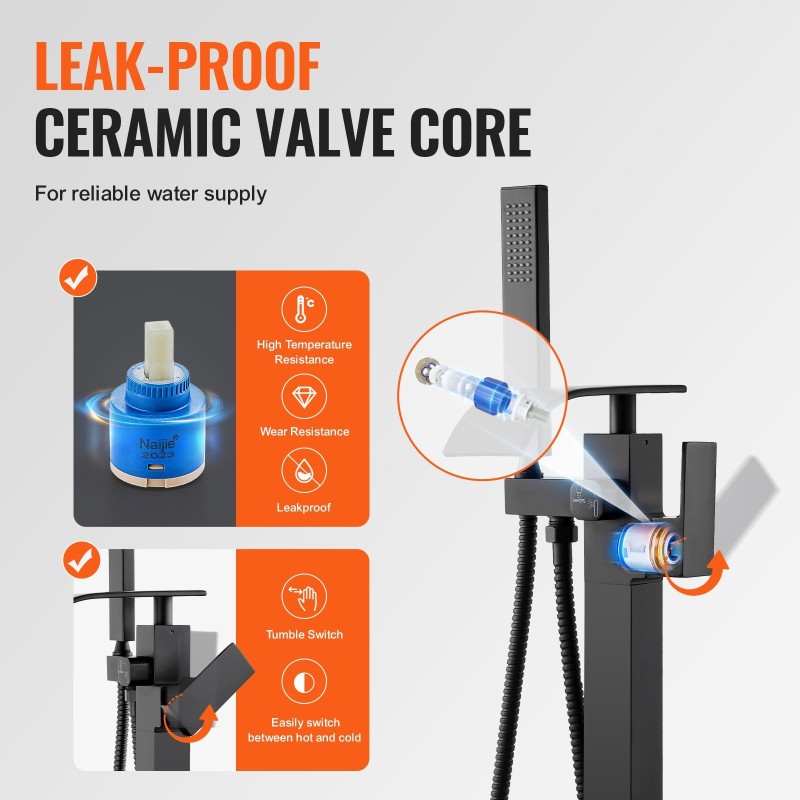 Lattia-asennettava mattamusta kylpyammehana täysmessinki käsisuihku kaksi vesitilaa 360 asteen kääntyvä