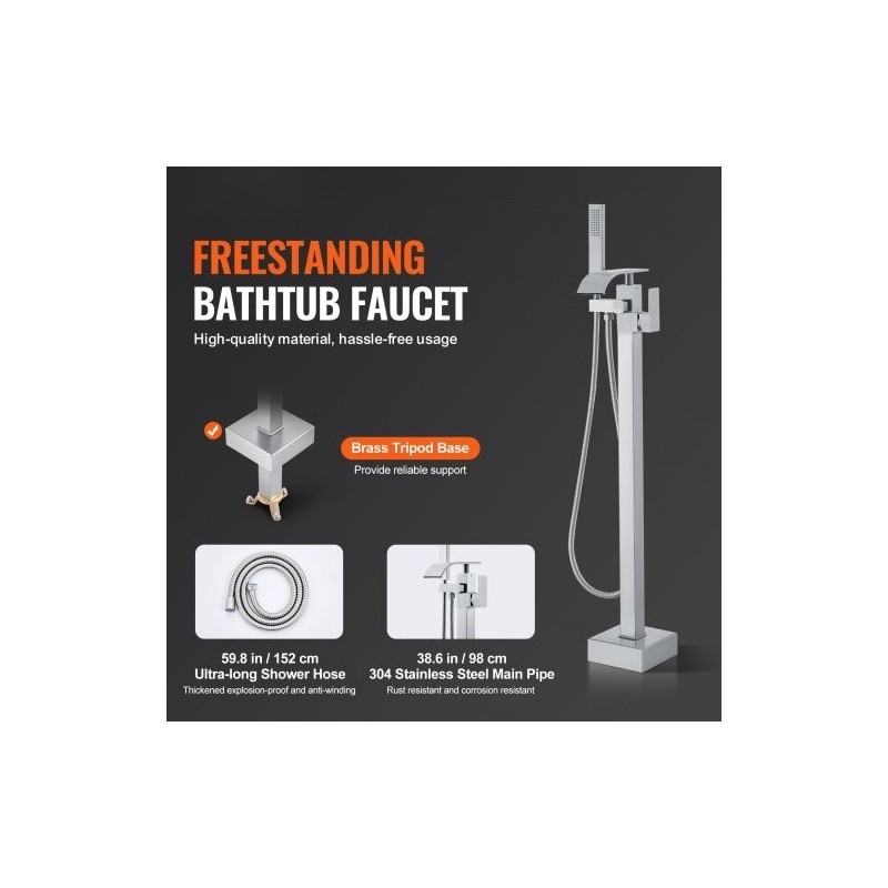 Lattialle asennettava messinkinen kylpyammehana käsisuihkulla ja kaksi vesitilaa 360 asteen juoksuputki