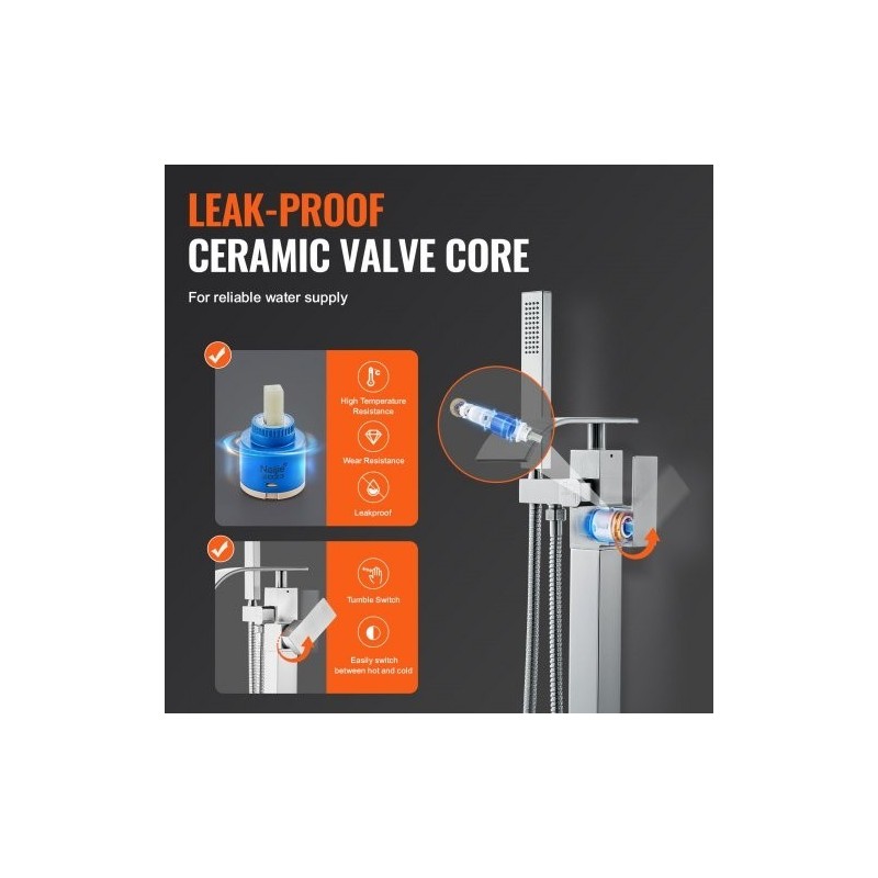 Lattialle asennettava messinkinen kylpyammehana käsisuihkulla ja kaksi vesitilaa 360 asteen juoksuputki