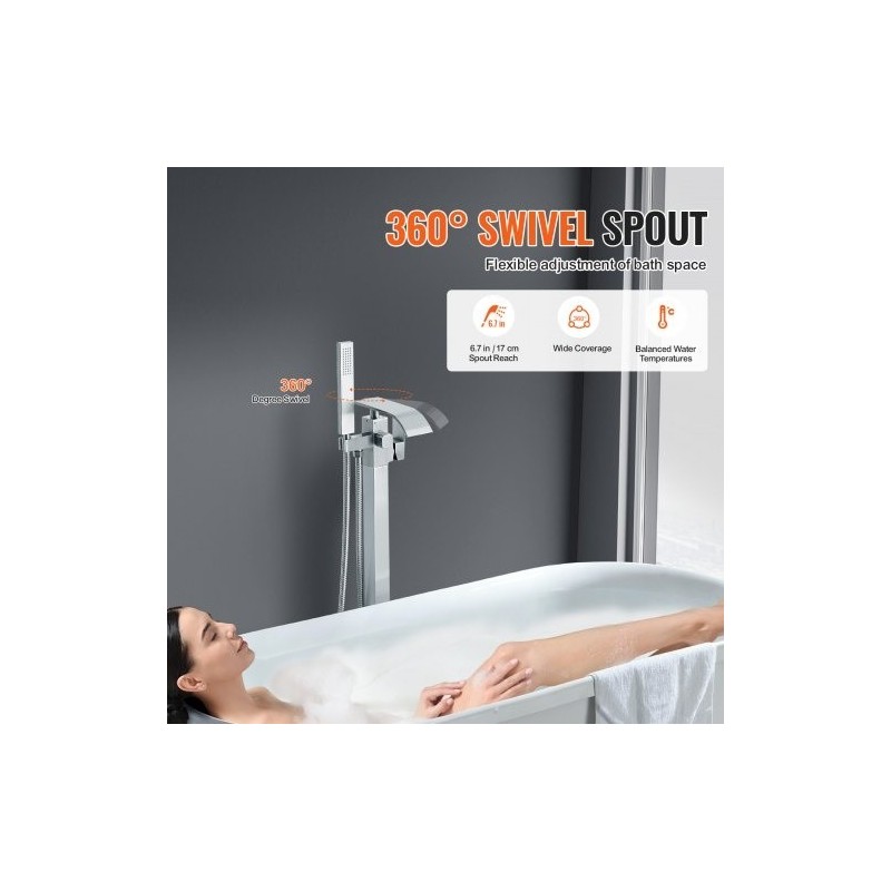 Lattialle asennettava messinkinen kylpyammehana käsisuihkulla ja kaksi vesitilaa 360 asteen juoksuputki