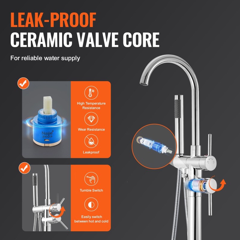 Lattialla seisova messinkirunkoinen kylpyammehana kaksitoimisella ruostumattomalla käsisuihkulla täysin kääntyvällä