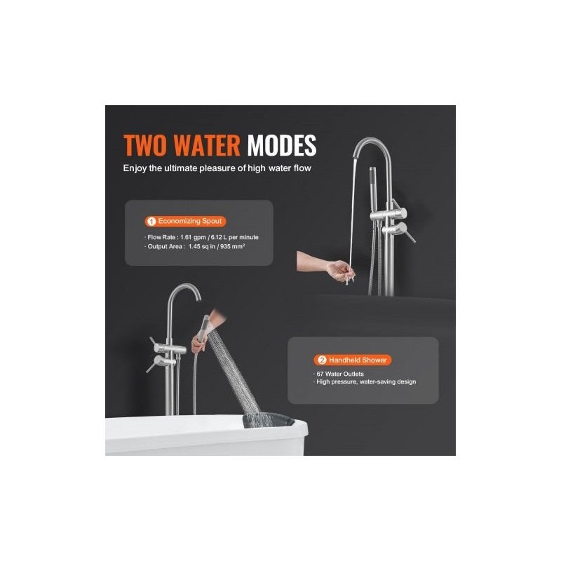 Lattiaan asennettava kylpyammehana täysmessinki harjattu pinta kääntyvä juoksuputki kaksitilainen käsisuihku