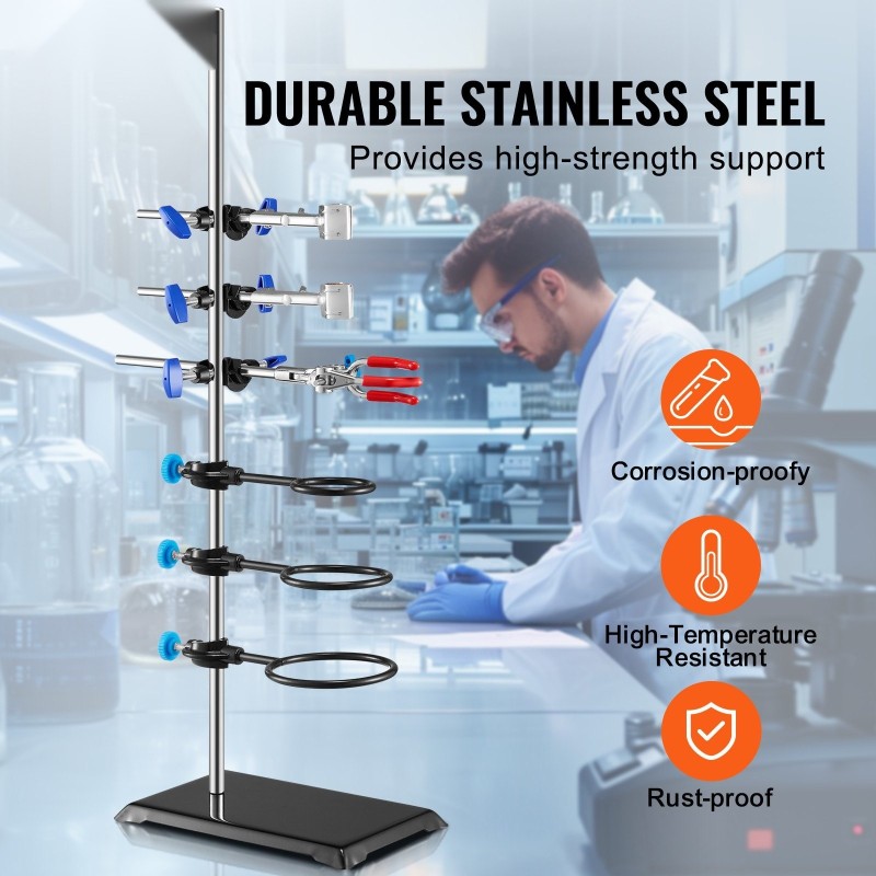 Laboratorioteline ja puristimet ruostumattomasta teräksestä valurautaisella jalustalla 59,9 cm tangolla