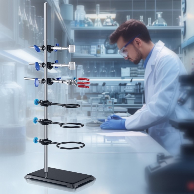 Laboratorioteline ja puristimet ruostumattomasta teräksestä valurautaisella jalustalla 59,9 cm tangolla