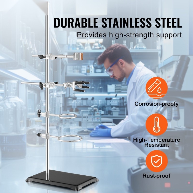 Laboratorioteline ruostumattomasta teräksestä valurautajalka 600 mm korkea säädettävät pidikkeet 2 kpl