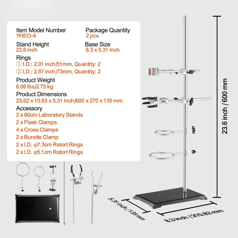 Laboratorioteline ruostumattomasta teräksestä valurautajalka 600 mm korkea säädettävät pidikkeet 2 kpl