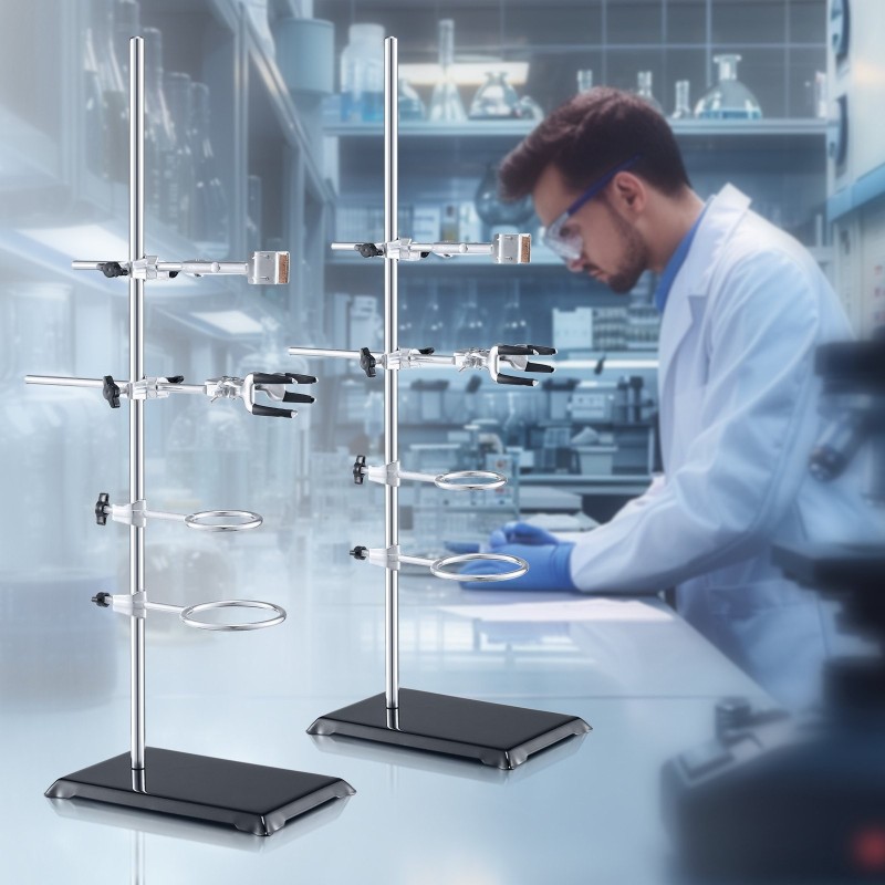 Laboratorioteline ruostumattomasta teräksestä valurautajalka 600 mm korkea säädettävät pidikkeet 2 kpl