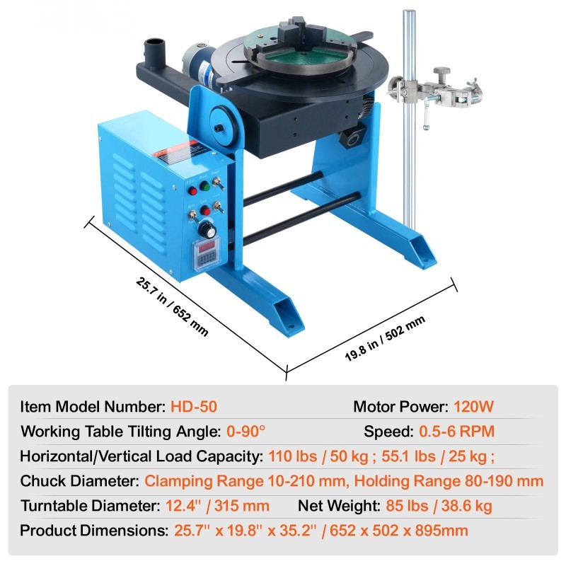 Pyörivä hitsauspöytä hiiliteräsrunkoinen 315 mm KD200-kolmileukapakotin 0–90° kallistuva 50 kg kantavuus