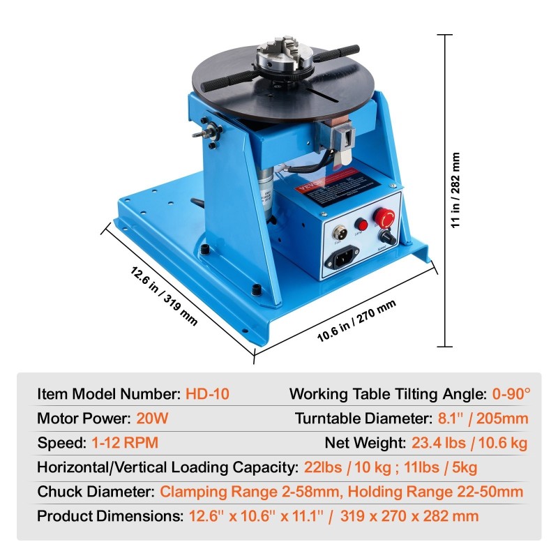 Pyörivä hitsausasetin hiiliteräs 10kg kantavuus 0–90 asteen kallistus 205mm pöytä 3-leukainen istukka