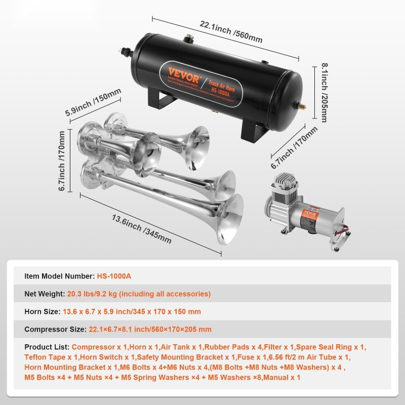 Nelitorvinen paineilmasarja 150 dB 12V 10 L säiliöllä ja kompressorilla