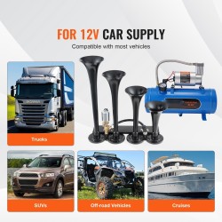 Paineilmaäänitorvisarja neljällä torvella kaksitoista volttia kuuden litran säiliöllä ruostumattomista materiaaleista