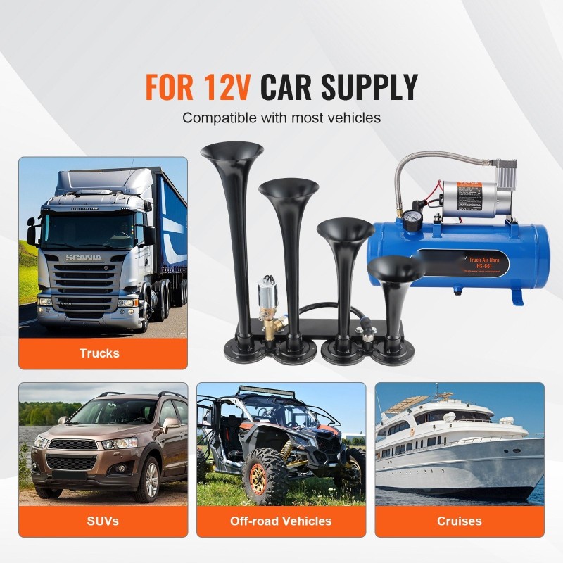 Paineilmaäänitorvisarja neljällä torvella kaksitoista volttia kuuden litran säiliöllä ruostumattomista materiaaleista