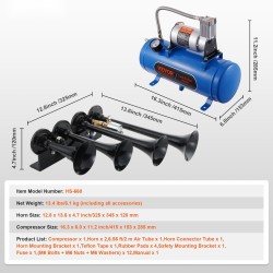 Paineilmaäänitorvisarja neljällä torvella kaksitoista volttia kuuden litran säiliöllä ruostumattomista materiaaleista