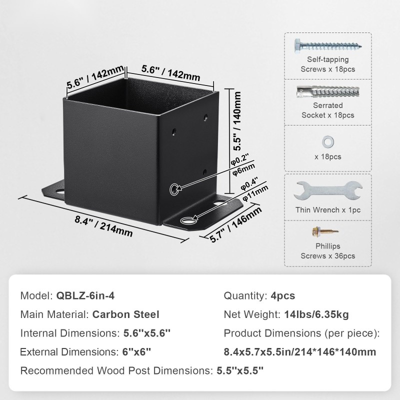 Pylväspohjat hiiliterästä mattamusta jauhemaalaus 4 kpl 6x6 vakiopylväille