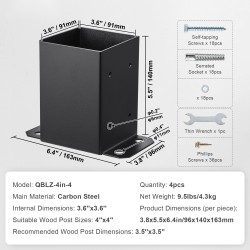 Pylväspohjat hiiliteräs 101.6x101.6 mm 4 kpl mattamusta pulverimaalattu sopii 91x91 mm pylväille