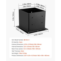 Pylväspohja hiiliteräs sisämitta 92 x 92 mm 4 kpl musta pergola terassikaiteisiin