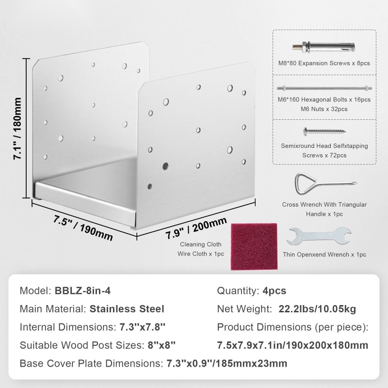 Pylväsjalusta ruostumatonta terästä säädettävä 203,2x203,2 mm 4 kpl