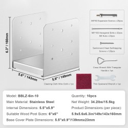 Säädettävä tolppajalka ruostumattomasta teräksestä sisämitat 150 x 139,7 mm 10 kpl puupylväälle