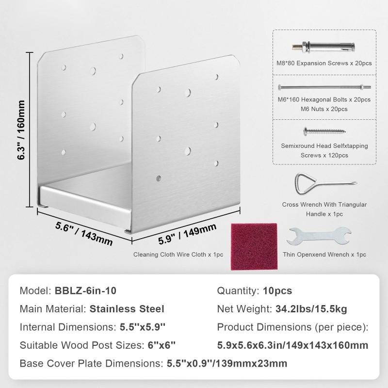 Säädettävä tolppajalka ruostumattomasta teräksestä sisämitat 150 x 139,7 mm 10 kpl puupylväälle