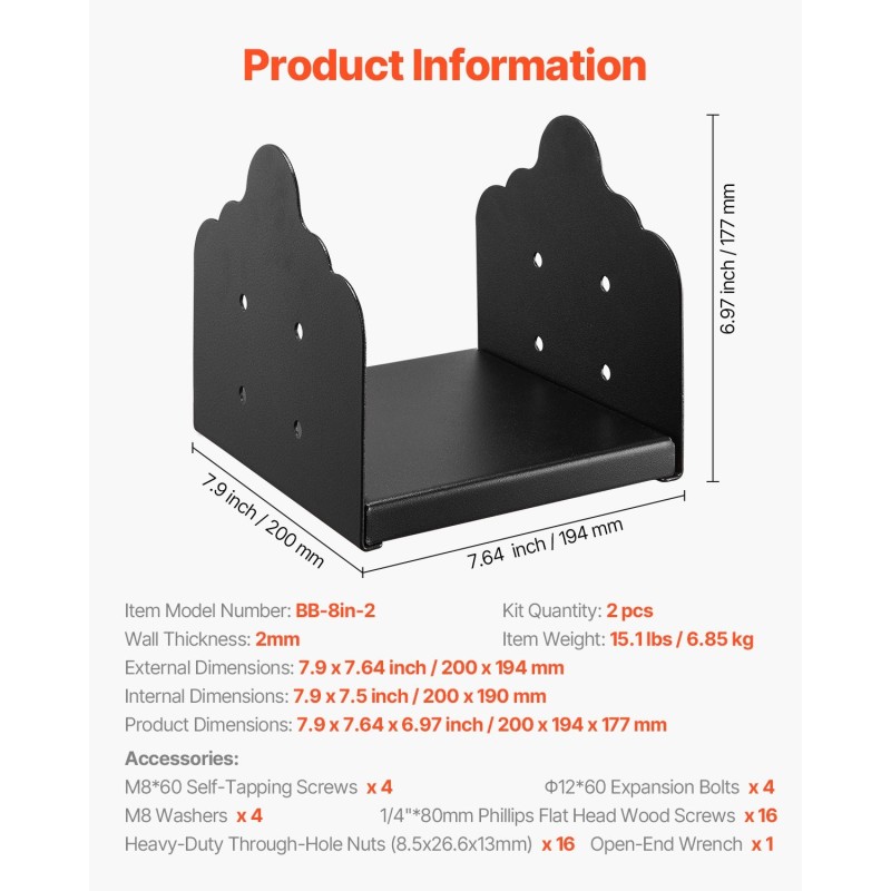 Pylväskannake puupylväille hiiliterästä pulverimaalattu sisämitta 200x190 mm 2 kpl