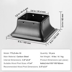 Tolpanjalusta hiiliteräs jauhemaalattu sisämitat 91x91 mm sopii 4x4 tolpille 10 kpl