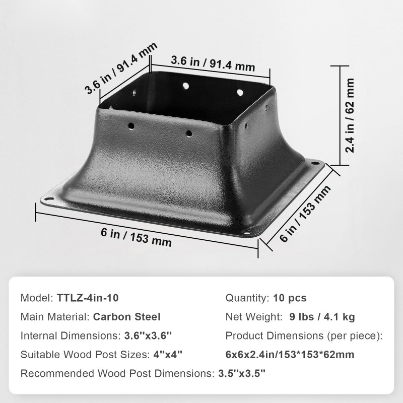Tolpanjalusta hiiliteräs jauhemaalattu sisämitat 91x91 mm sopii 4x4 tolpille 10 kpl