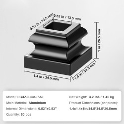 Kaidetassut alumiiniseoksesta 1/2 tuuman neliöbalustereille 50 kpl satiininmusta