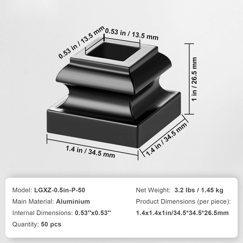 Kaidetassut alumiiniseoksesta 1/2 tuuman neliöbalustereille 50 kpl satiininmusta