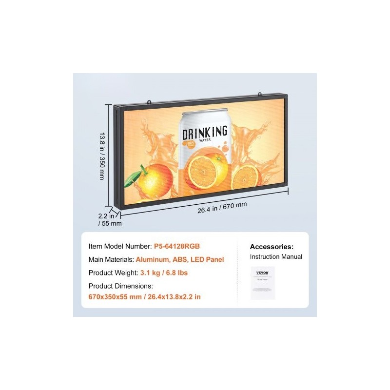 Ohjelmoitava täysvärinen P5 vierivä LED-kyltti 67x35 cm alumiini ABS WiFi USB