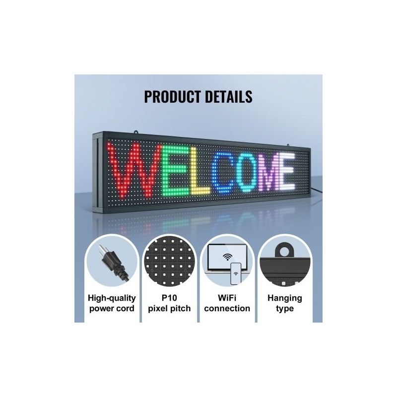 Ohjelmoitava täysvärinen P10 LED-mainostaulu 99 x 19 cm alumiinikehyksellä langaton USB ohjaus