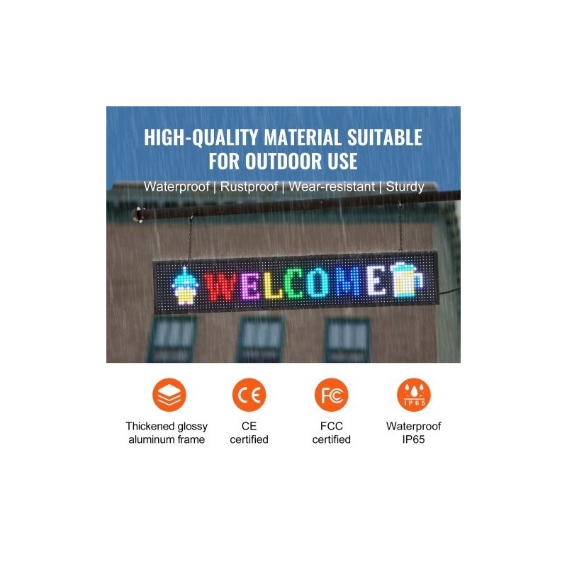Ohjelmoitava täysvärinen P10 LED-mainostaulu 99 x 19 cm alumiinikehyksellä langaton USB ohjaus