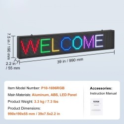 Ohjelmoitava täysvärinen P10 LED-mainostaulu 99 x 19 cm alumiinikehyksellä langaton USB ohjaus
