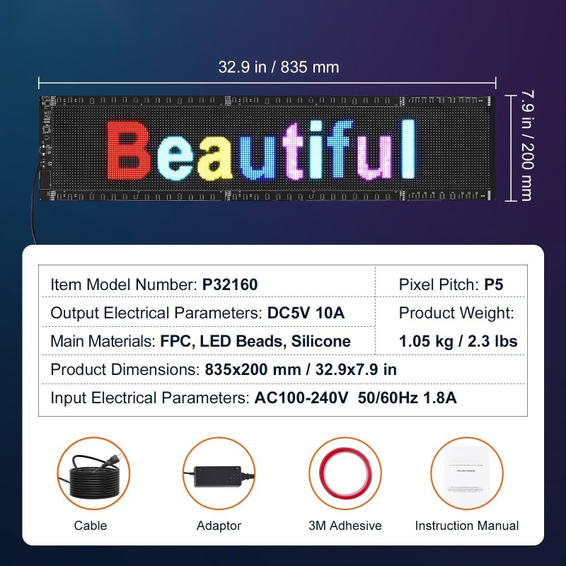 LED-mainoskyltti ohjelmoitava täysvärinen P5 vierivä 83,5x20 cm Bluetooth-sovellus