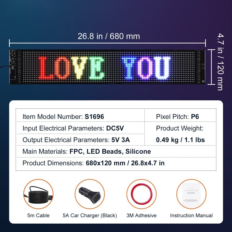 LED-näyttö ohjelmoitava täysvärinen vierivä P6 68x12 cm Bluetooth-sovellusohjaus