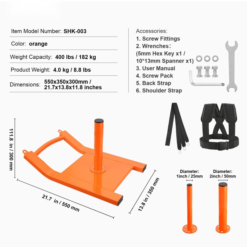 Teräksinen vetokelkka 182kg kantavuus oranssi pulverimaalattu sopii 2,5cm ja 5cm levypainoille