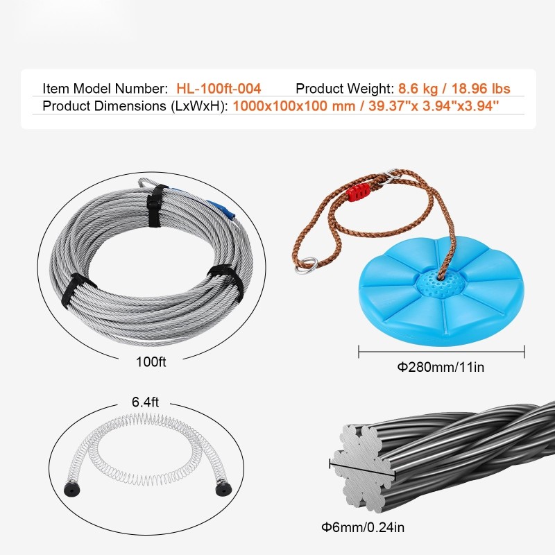 Vaijeriliukurata 30,48 m ruostumaton teräs 227 kg kantavuus turvavaljaat lapsille ja aikuisille