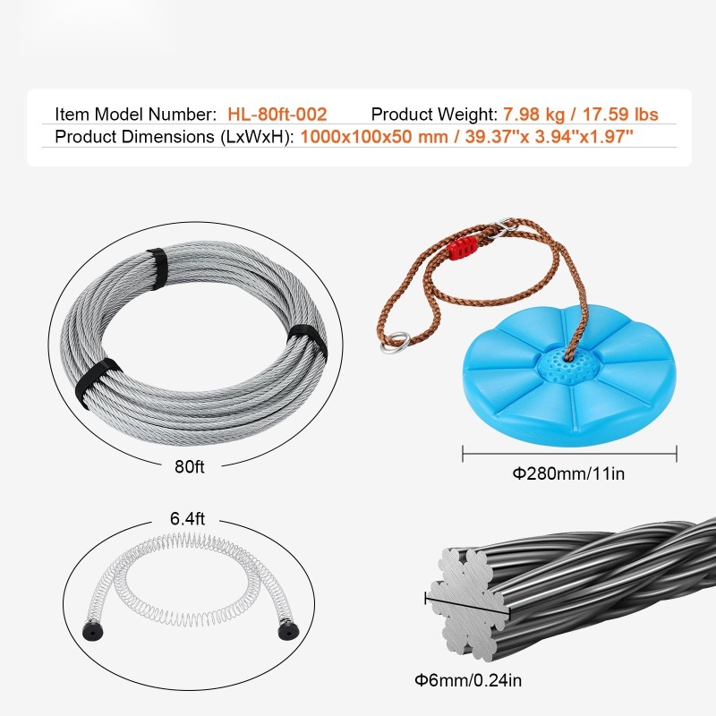 Vaijeriliukurata ruostumattomasta teräksestä 24,38 m 227 kg lapsille ja aikuisille