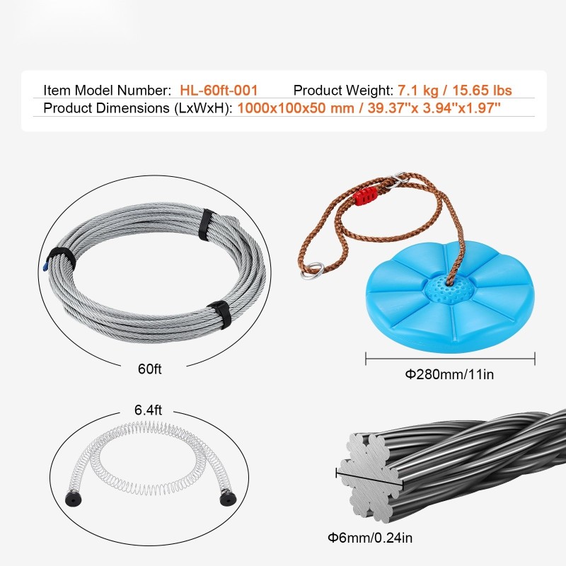 Vaijeriliukusetti ruostumattomasta teräksestä 18,3 m kantavuus noin 227 kg lapsille ja aikuisille
