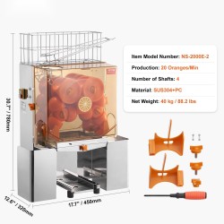 Kaupallinen automaattinen appelsiinimehukone ruostumaton teräs polykarbonaattikansi 120 wattia 20 appelsiinia minuutissa