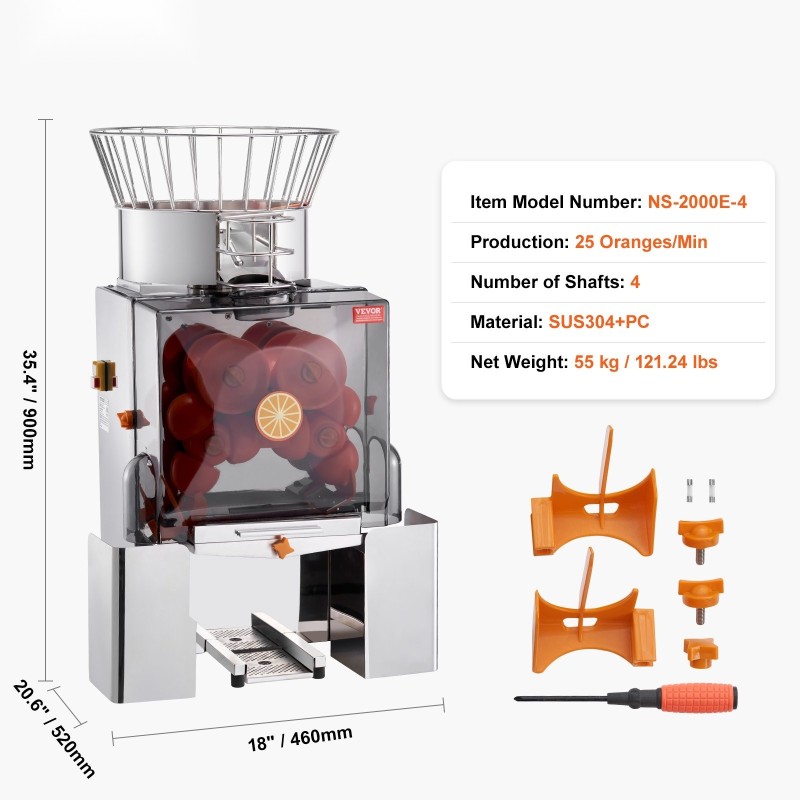Ammattikäyttöinen appelsiinimehupuristin SUS304 teräs 120 W automaattisyöttö 25 appelsiinia minuutissa PC suojakansi
