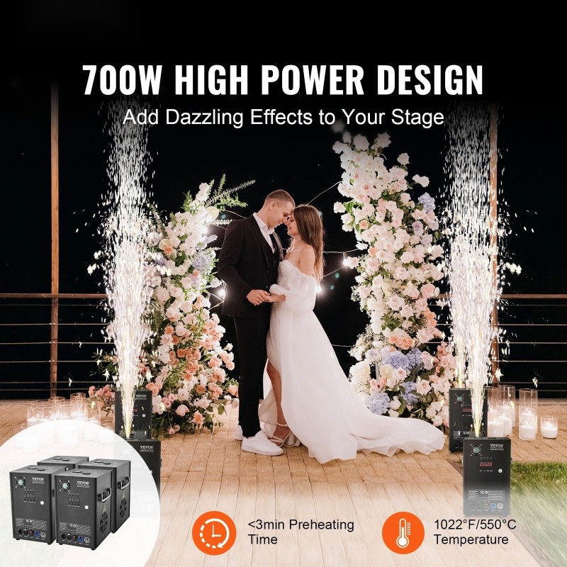 Kylmäkipinäkoneet 4 kpl 700W säädettävä 2–5 m alumiiniseosrunko DMX-ohjaus