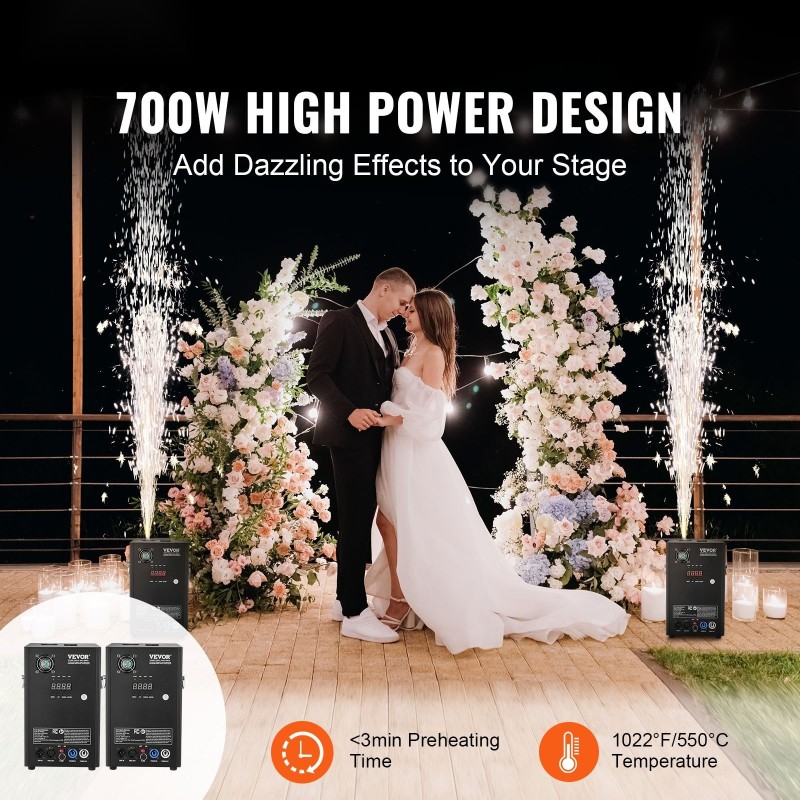 Kylmäsuihkukoneet 2 kpl 700W alumiiniseos säädettävä 2–5 m DMX-ohjaus lavaan ja juhliin