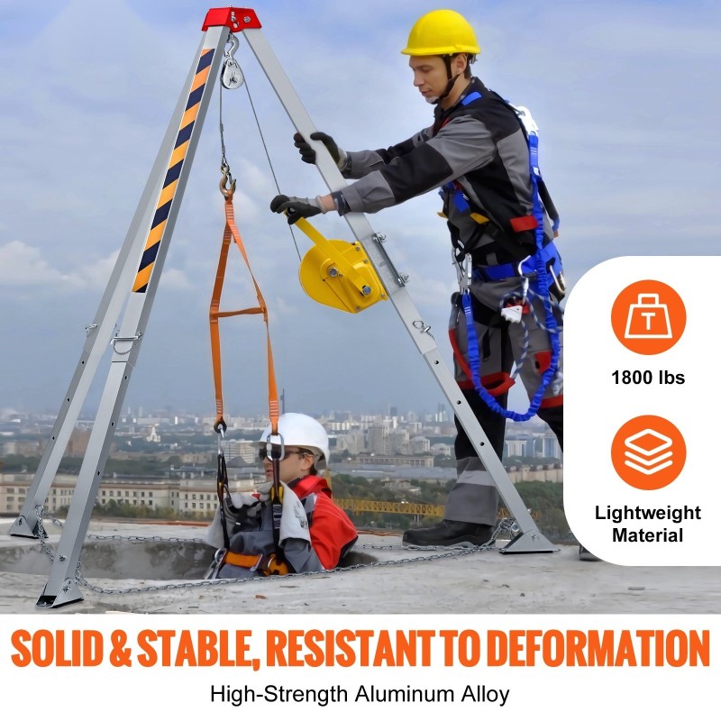 Pelastotripodi teräsvaijerilla 30 m säädettävät jalat 1,34–2,15 m 180 kg kapasiteetti