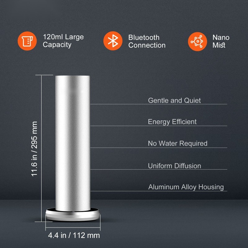 Tuoksukone 120 ml vesitön diffuuseri Bluetooth-ohjaus alumiinirunkoinen lattiamalli