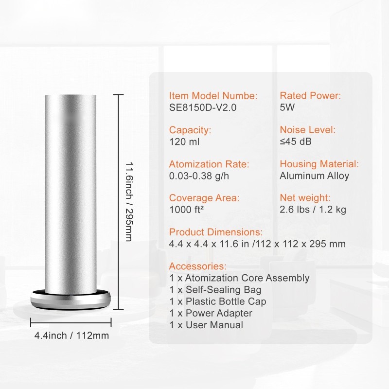 Tuoksukone 120 ml vesitön diffuuseri Bluetooth-ohjaus alumiinirunkoinen lattiamalli