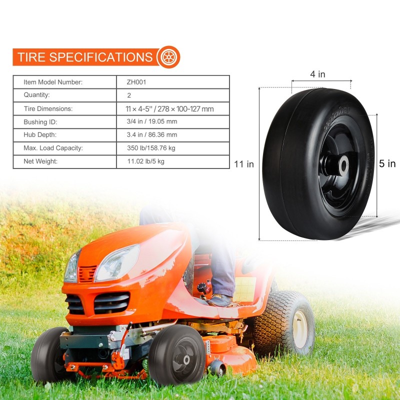 Ruohonleikkurin täytettömät PU-renkaat 11x4-7 tuumaa 2 kpl teräsvanteella