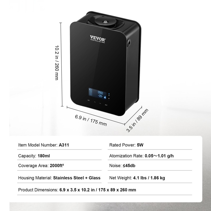 Tuoksudiffuuseri ilmanvaihtoon 180 ml kylmäsumutus langaton ohjaus vesivapaa ruostumatonta terästä ja lasia