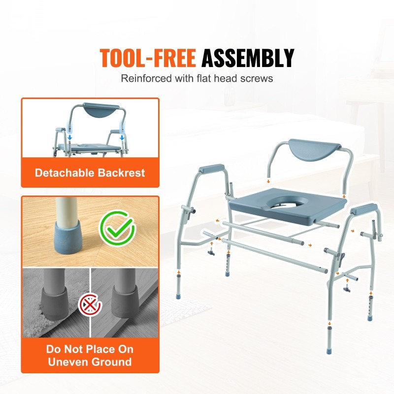 Wc-tuoli teräsrunko 5-portainen korkeussäätö 7 l irrotettava ämpäri 453 kg kantavuus